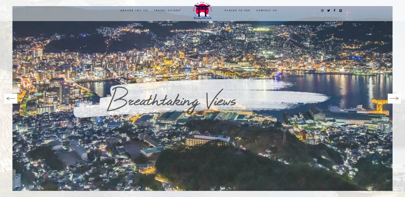 The Study Abroad in Japan homepage: a torii-gate logo above a night view over Nagasaki, captioned Breathtaking Views